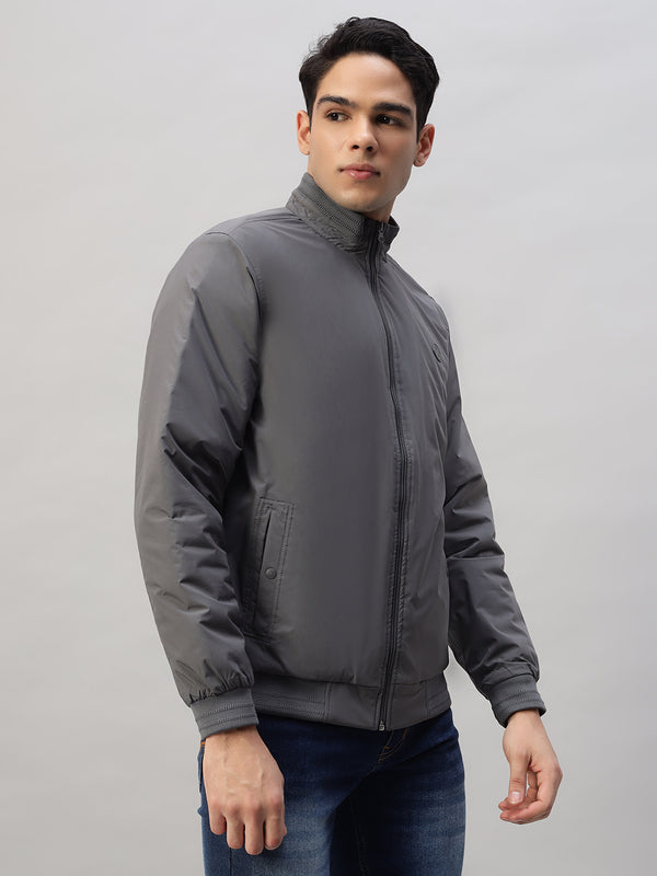 Men's Grey Lightweight Windbreaker Bomber Jacket – Water-Resistant, Stylish Casual Wear, 100% Polyester